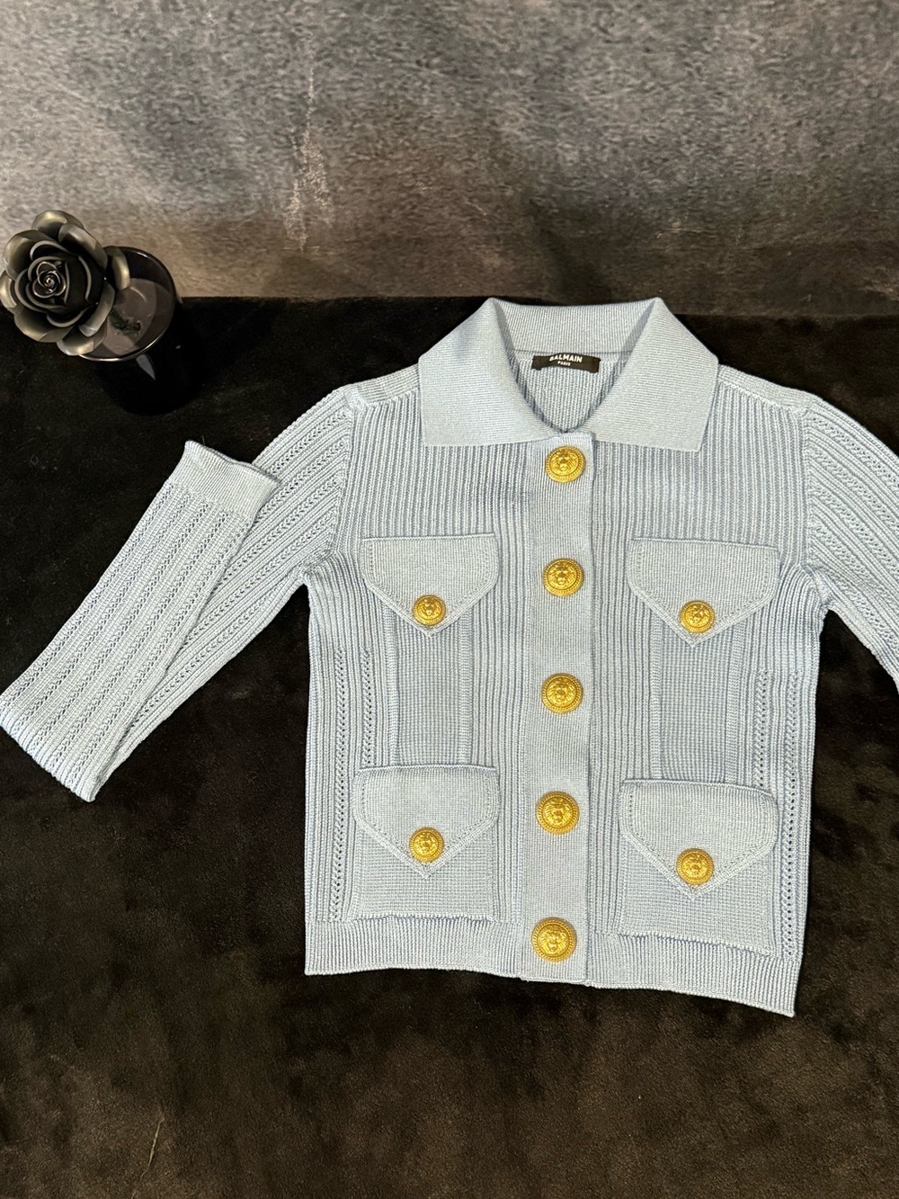 Balmain Rib Knit Cardigan Blue Gold Button Jacket - Picture 7 of 10
